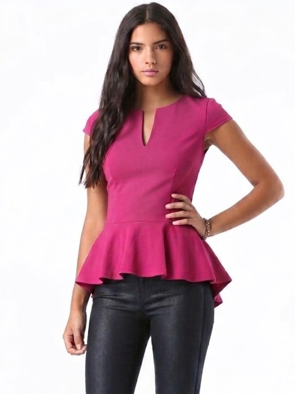 Vintage Y2K Bebe Deep Magenta Purple Split V-Neck Peplum Top Made In USA